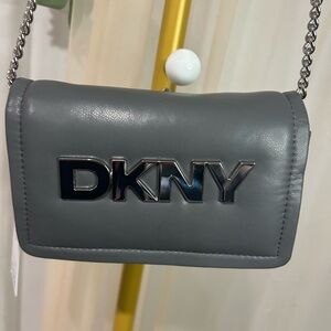 DKNY Maggie Clutch Crossbody Gray Chain Strap Logo Bag NWT